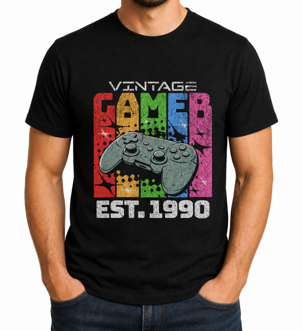 Mens Vintage Gamer T Shirt 1990 Retro Gaming Tee Birthday Gift