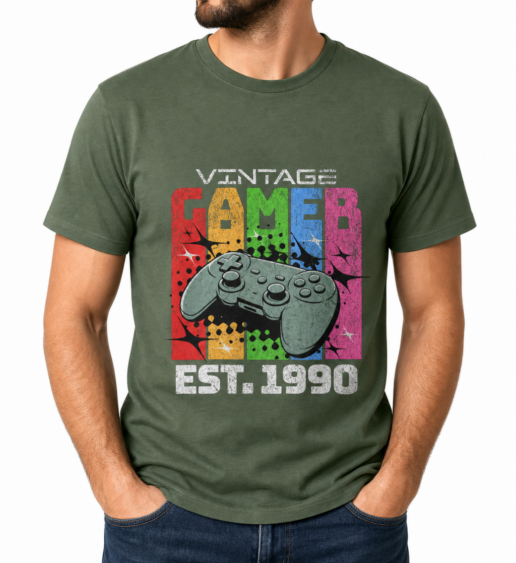 Mens Vintage Gamer T Shirt 1990 Retro Gaming Tee Birthday Gift
